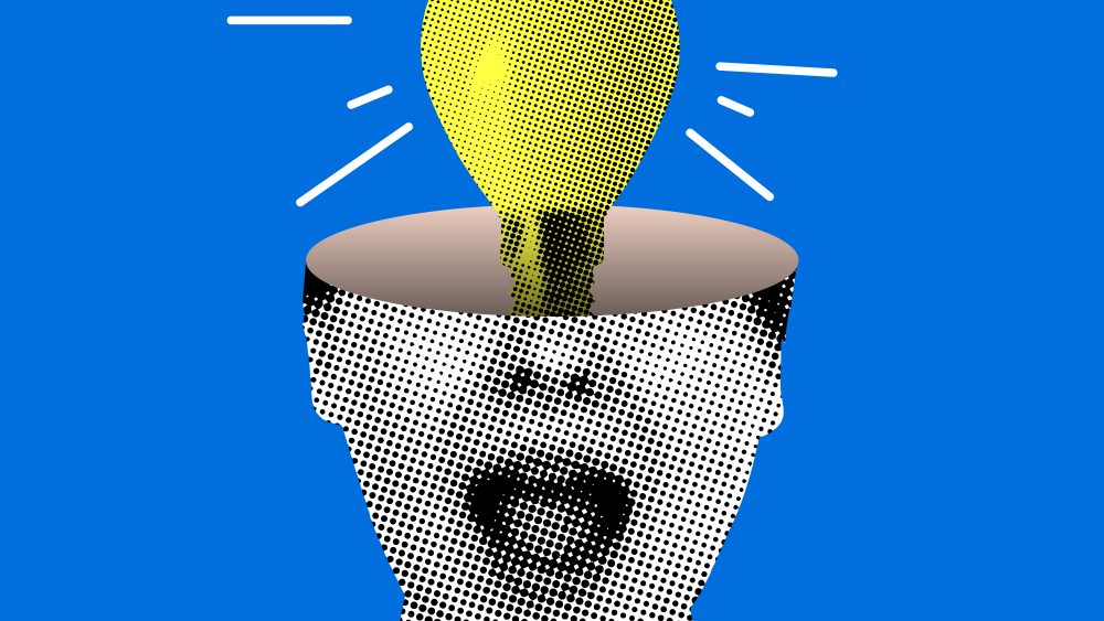 Female head open skull with a light bulb on a blu background