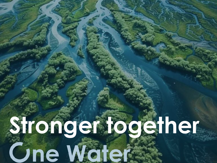 Water delta in the back with the text Stronger together One Water